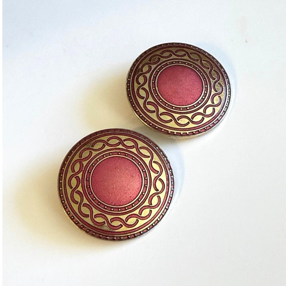 Vintage Gold Tone Pink Mauve Enamel Clip-On Disc Earrings Retro